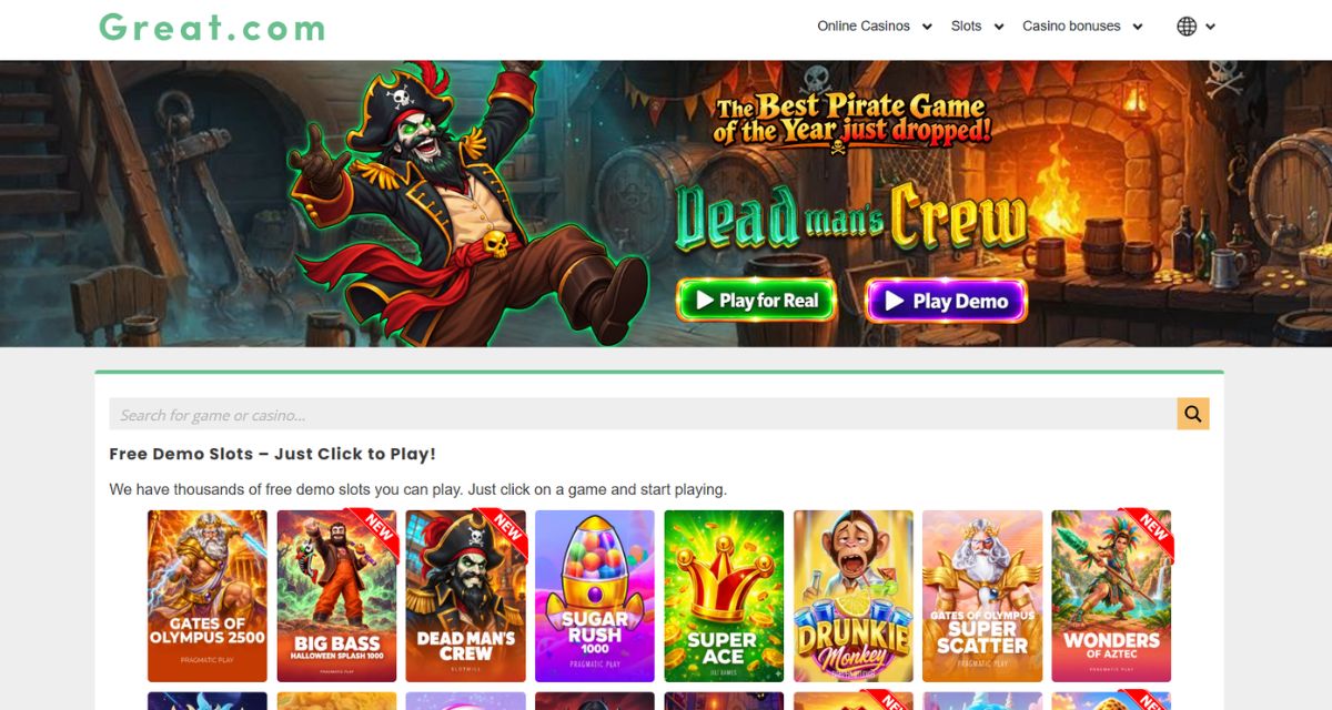 Screenshot of the Great Slots website